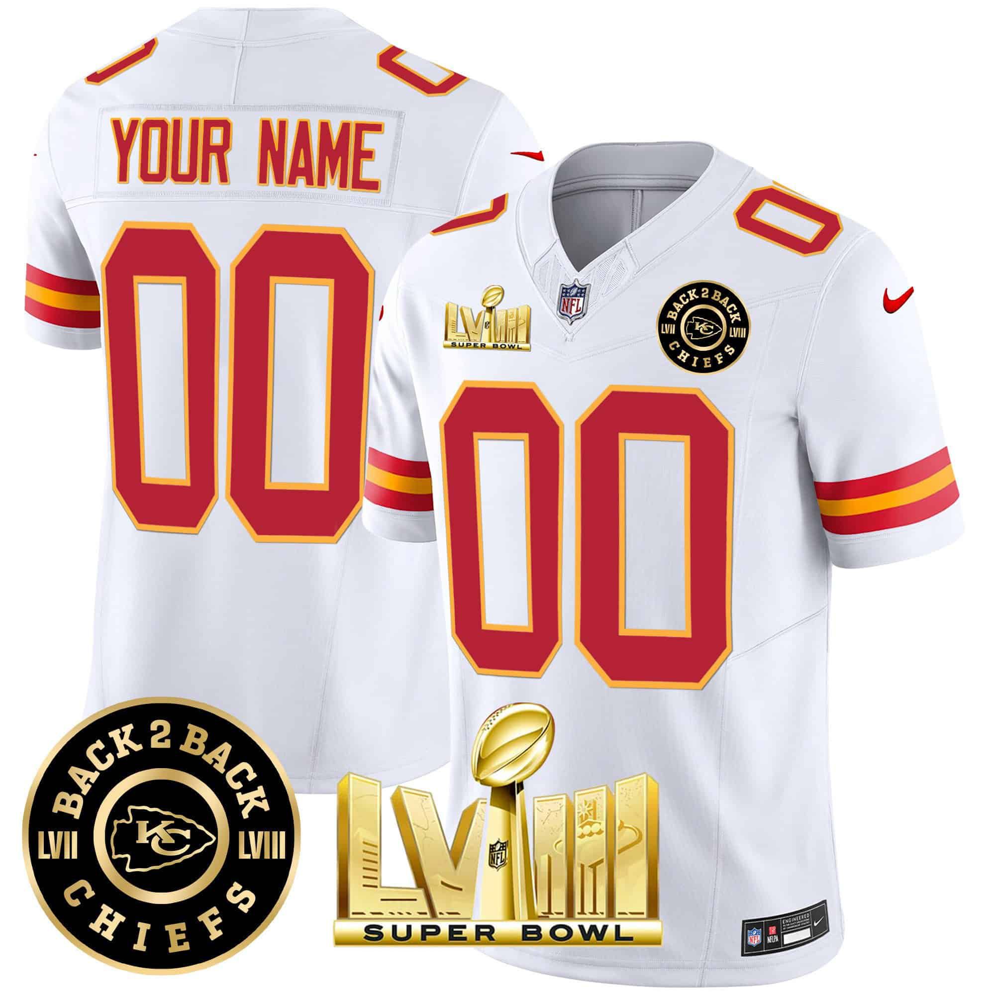 Men Kansas City Chiefs White 2024 Nike Super Bowl LVIII & Back-2-Back Patch Vapor Custom NFL Jersey